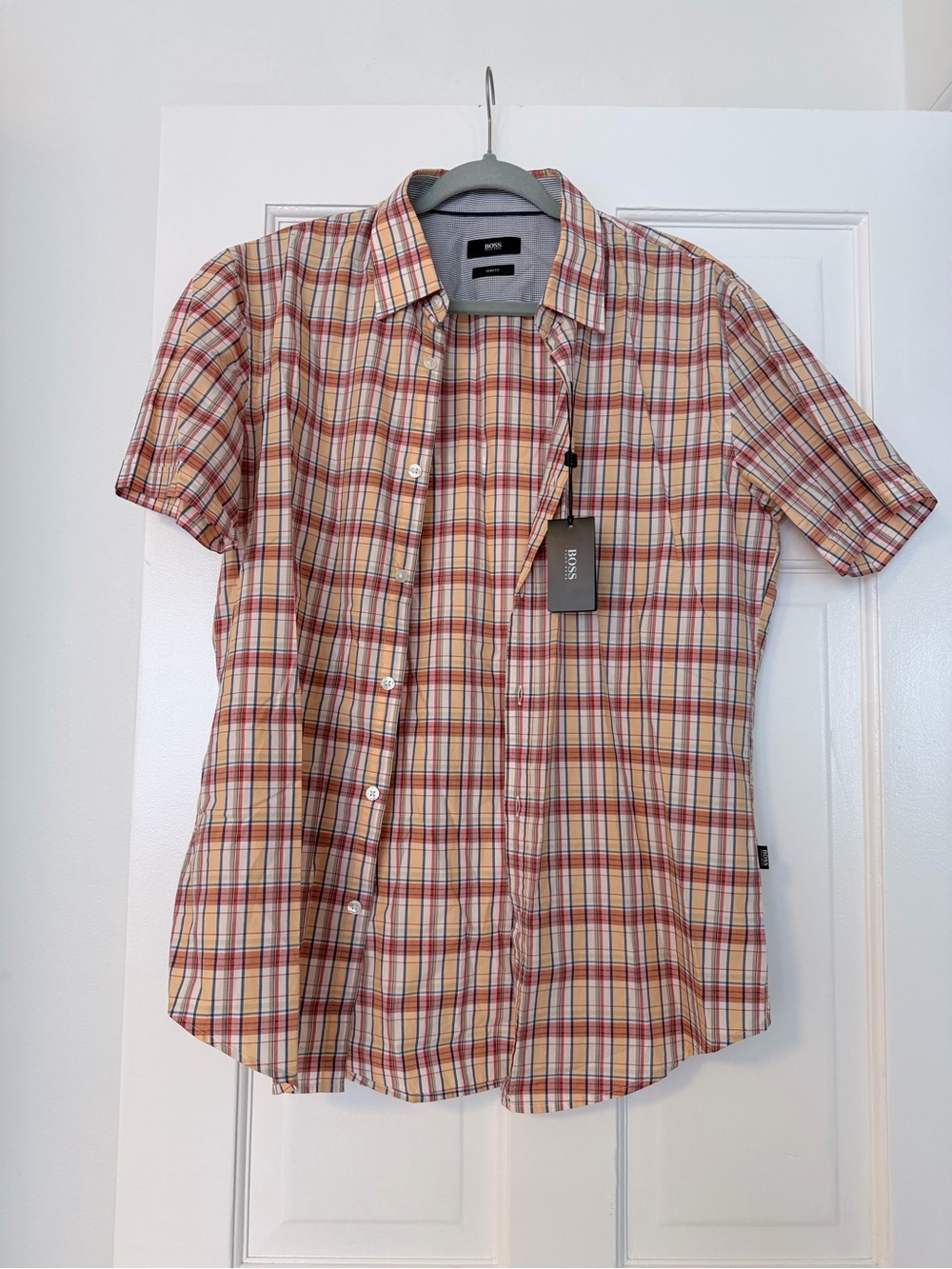 Hugo Boss Short-Sleeve Plaid Shirt in Beige and Red